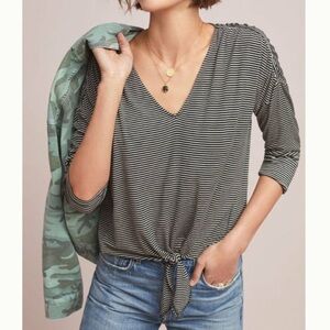 Anthropologie Bordeaux Tied Top Size XS 3/4 Sleeve V-neck with Stripes